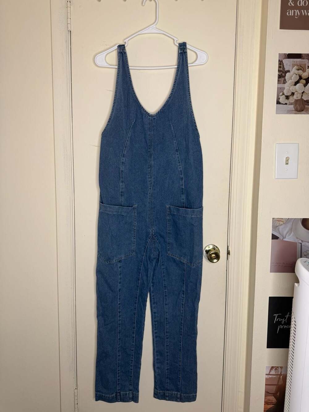 Happily Grey Blue Denim Scoop Neck Overalls Jumpsuit